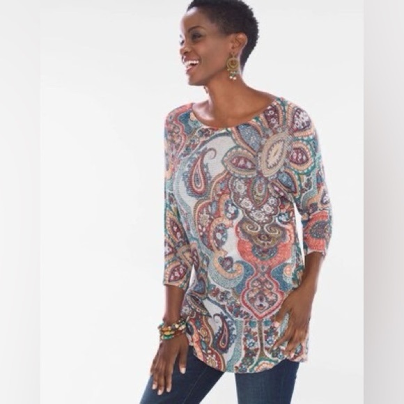 Chicos Women's Paisley Cross-Back Detail Sweater - Picture 1 of 14